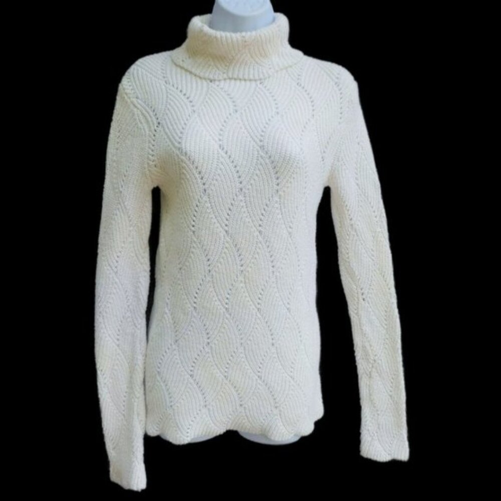 Sundance Sweater Turtleneck Cotton SiLK Blend 3D Pointelle Knit Off White XS